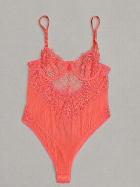 Lace High-Neck Bodysuit in Coral Pink